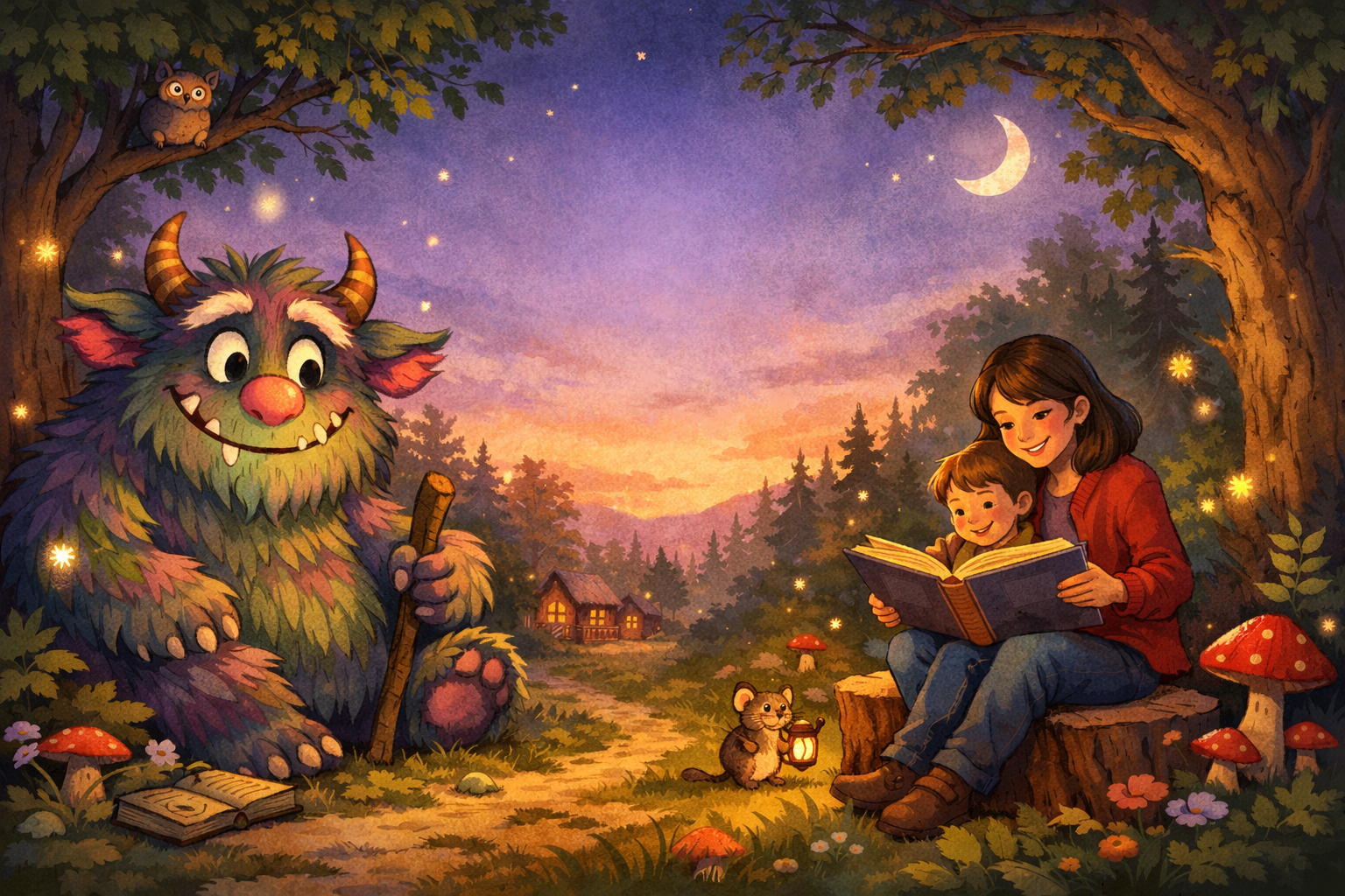 Parent reading a picture book with a child at bedtime